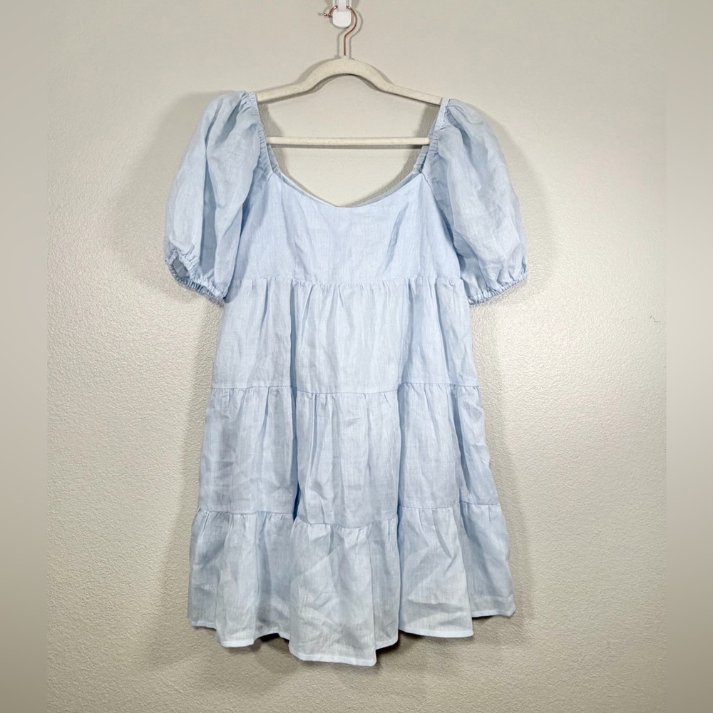 NWT NIA Dress Babydoll Puff Sleeves Ruffles Flow Mini Sky Blue Pockets Women S